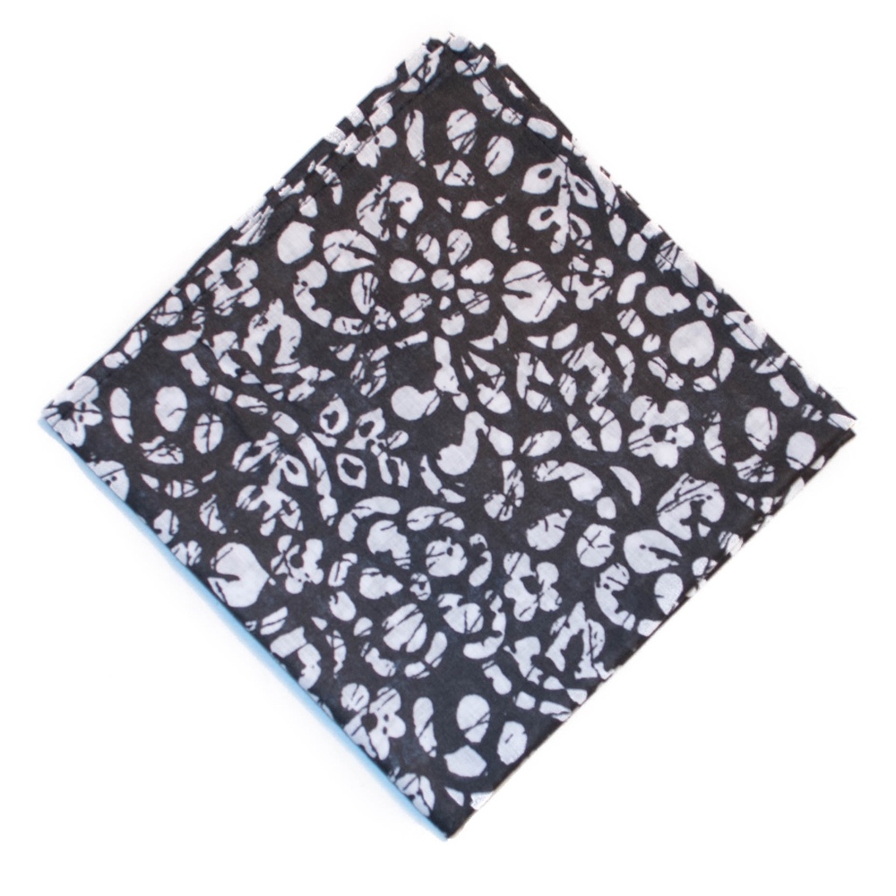 Black Hawaiian Style Floral Pocket Square Handkerchief